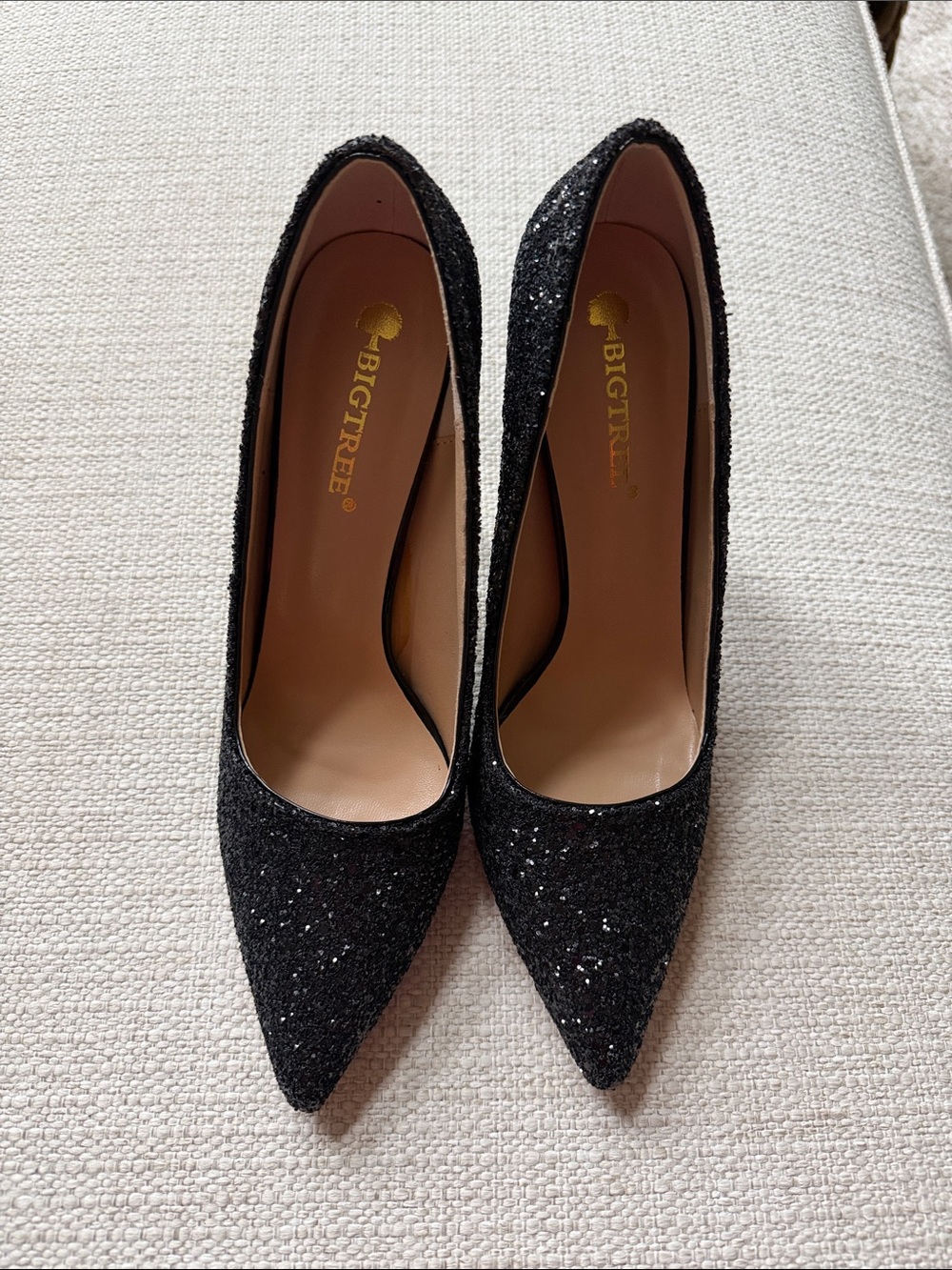 BIGTREE Black Glitter Pointed-Toe High Heels for Women